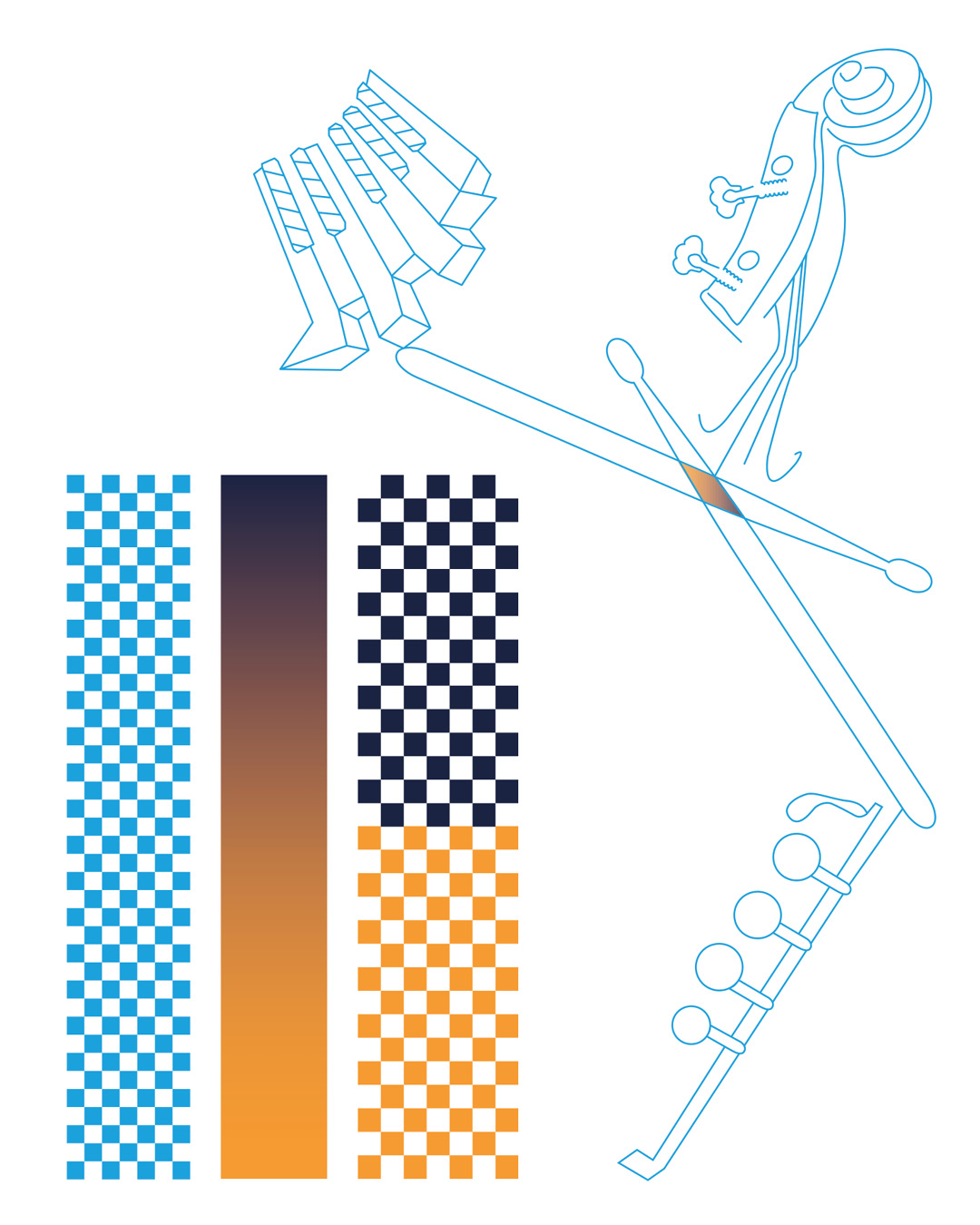 Amostras de cores utilizadas (ciano, dourado e azul-escuro) e abstrações de piano, flauta transversal, baquetas de bateria e contrabaixo acústico (os instrumentos da Marimbanda)