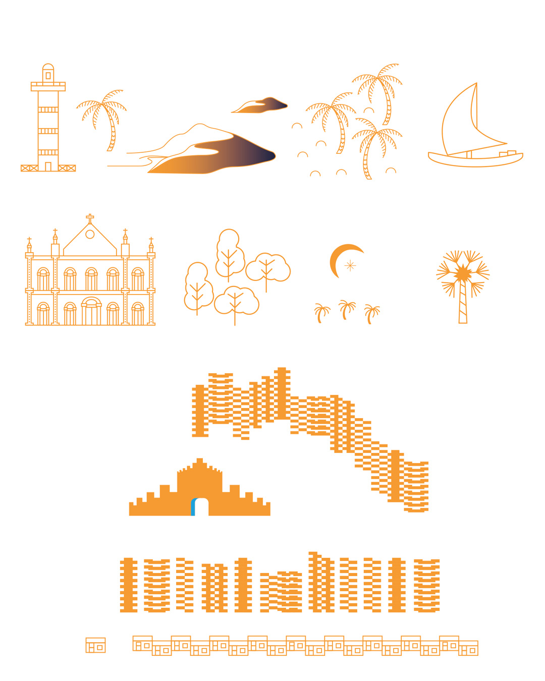 Elementos gráficos isolados: farol do Paracuru, dunas, coqueiros, jangada, igreja de Pacatuba, árvores, lua, carnaúba e abstrações dos prédios de Fortaleza
