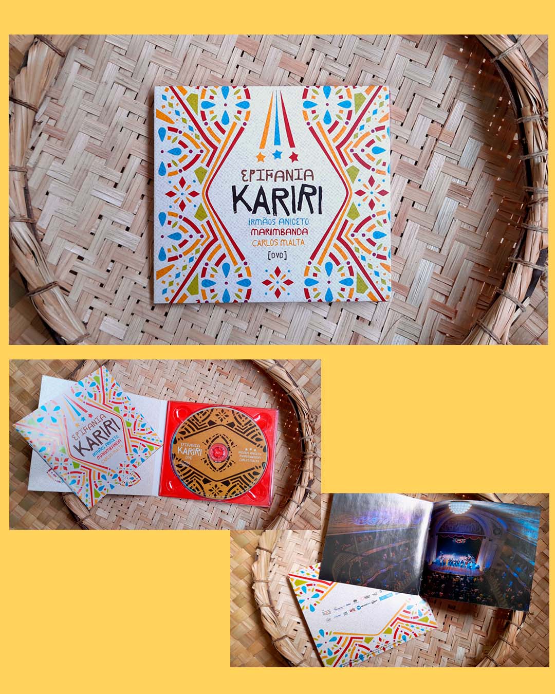 Fotos do encarte do DVD Epifania Kariri sobre uma cesta de palha. O miolo do encarte é vermelho e o disco é permeado de grafismos pretos sobre fundo terroso.