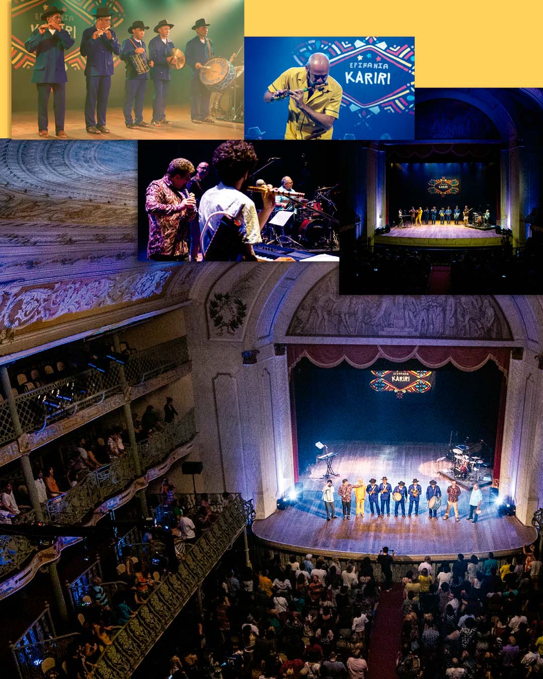Imagens do espetáculo Epifania Kariri exibindo a Banda dos Irmãos Aniceto, o flautista Carlos Malta e o público em geral no Theatro José de Alencar.